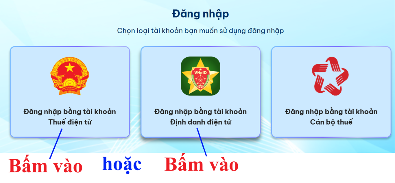 Lựa chọn loại tài khoản để đăng nhập vào hệ thống Dịch vụ công