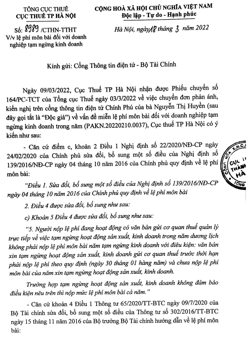Công băn 8989 của cục thuế TP Hà Nội về Lệ Phí Môn Bài