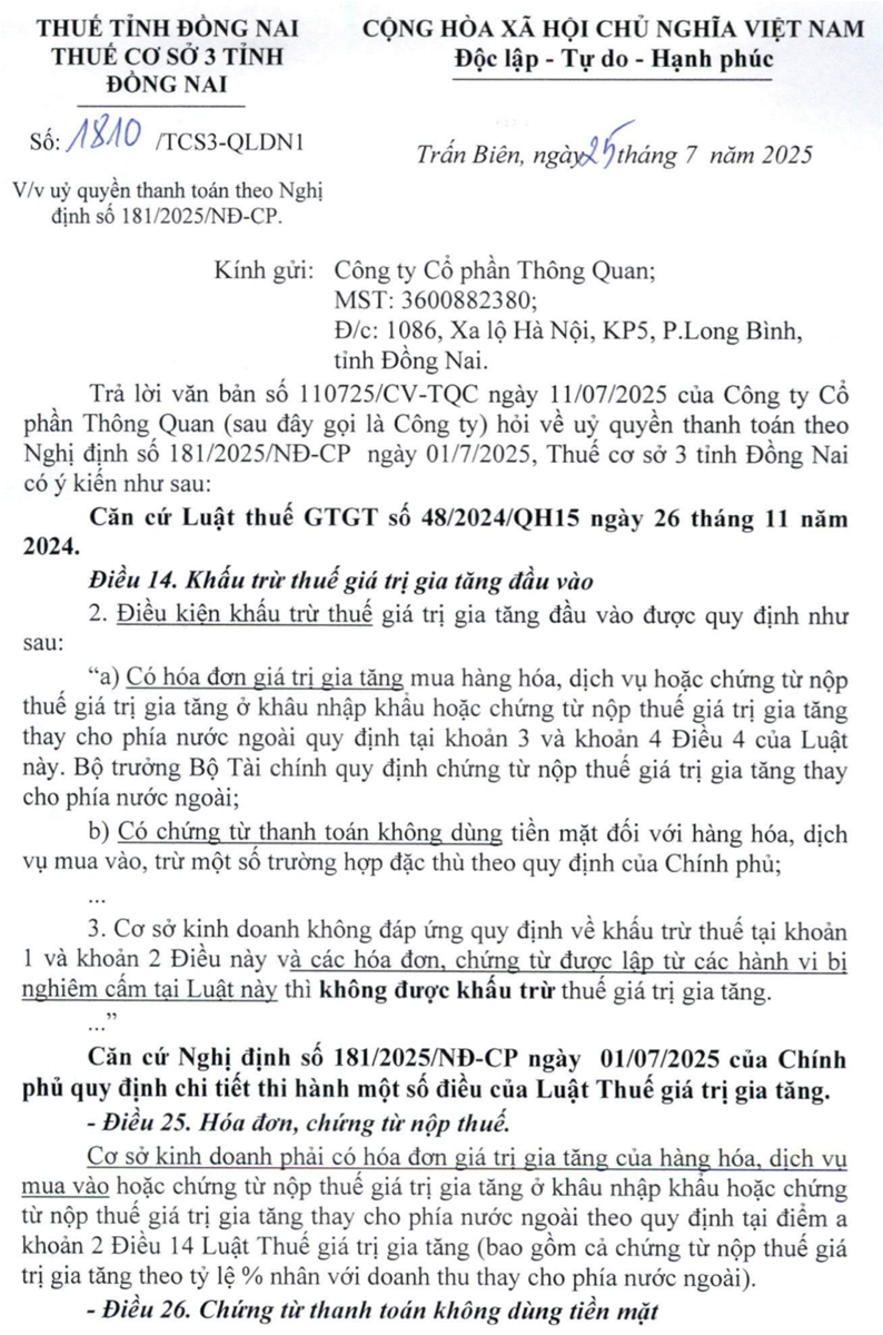Công văn 1810/TCS3-QLDN1 ủy quyền thanh toán
