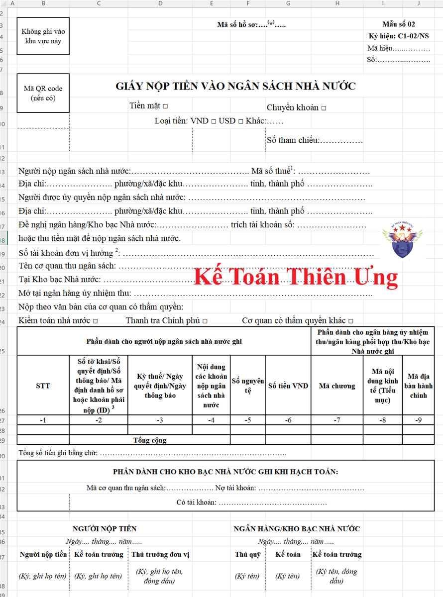 Mẫu giấy nộp tiền vào ngân sách nhà nước trên Excel
