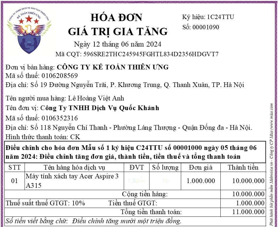 Hóa đơn điều chỉnh tăng