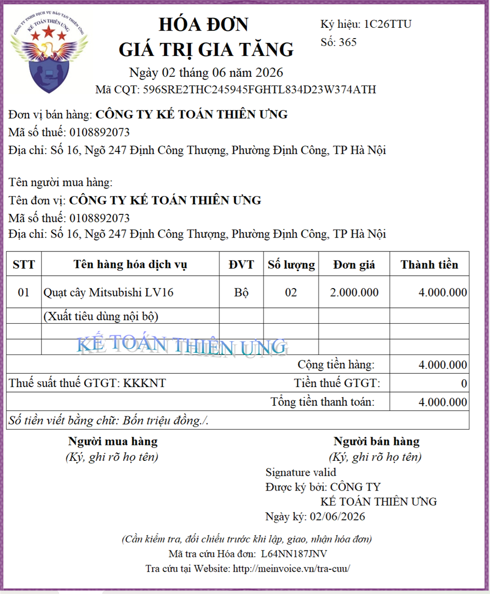 Mẫu hóa đơn xuất hàng tiêu dùng nội bộ
