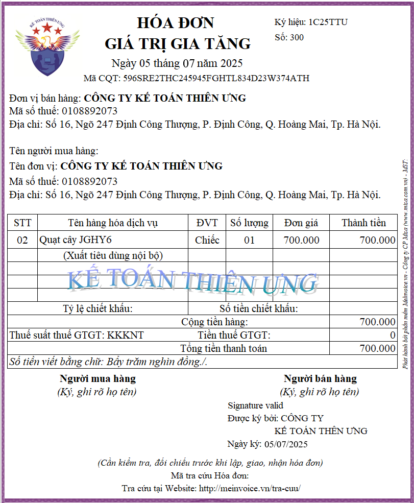 Mẫu hóa đơn xuất hàng tiêu dùng nội bộ