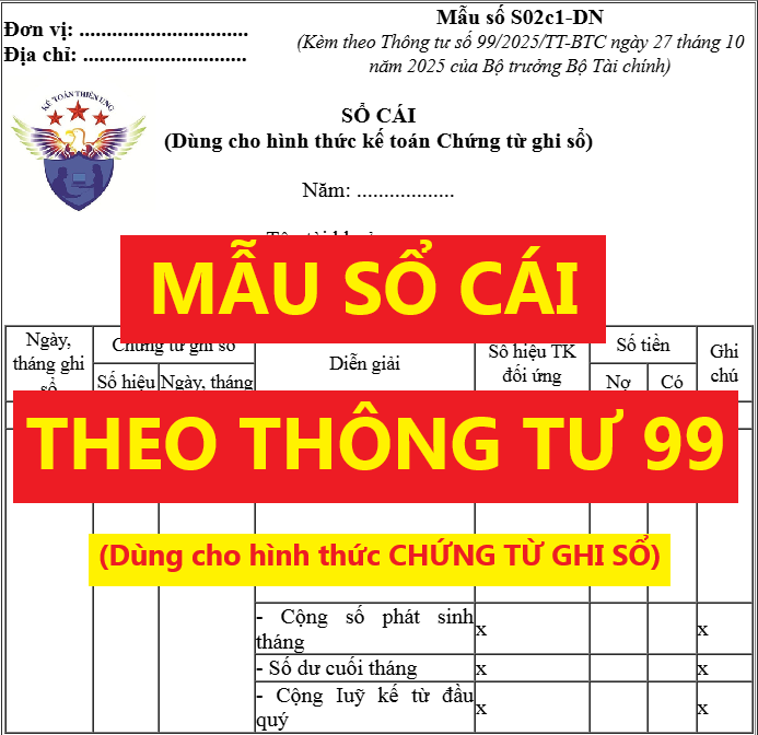 Mẫu Sổ Cái dùng cho hình thức Chứng từ ghi sổ theo Thông tư 99