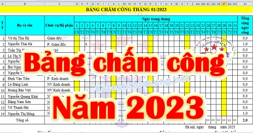 mẫu bảng chấm công 2023 trên excel