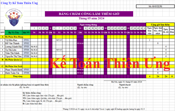 Mẫu bảng chấm công làm thêm giờ excel