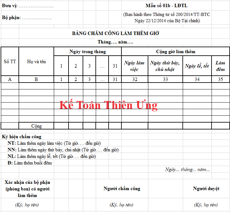 Mẫu bảng chấm công làm thêm giờ trên excel theo thông tư 200