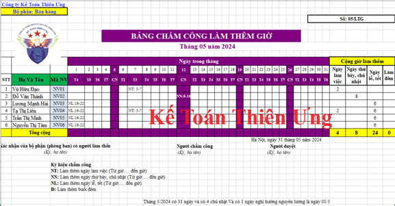 Mẫu bảng chấm công làm thêm giờ trên excel