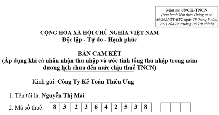 Mẫu cam kết thu nhập 08/CK-TNCN mới nhất năm 2024