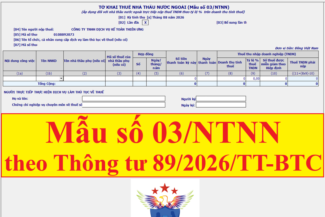 Mẫu 03/NTNN Tờ khai thuế nhà thầu nước ngoài trên phần mềm HTKK