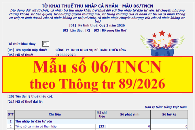 Mẫu số 06/TNCN Tờ khai thuế thu nhập cá nhân theo TT 89/2026