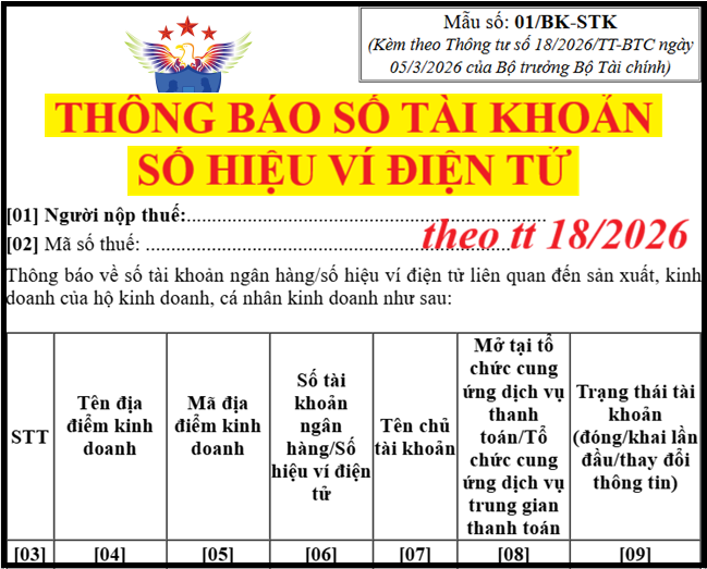 Mẫu Thông báo số tài khoản của hộ, cá nhân kinh doanh