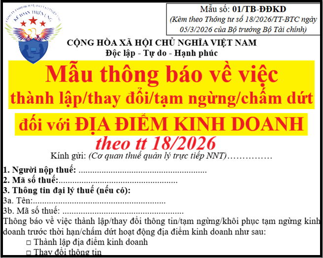 Mẫu 01/TB-ĐĐKD theo Thông tư 18/2026/TT-BTC Mẫu 01/TB-ĐĐKD theo Thông tư 18/2026/TT-BTC