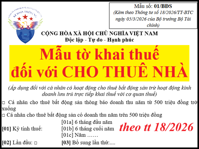 Mẫu tờ khai thuế đối với hoạt động cho thuê nhà 2026 mới nhất