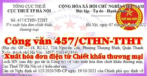 Công văn 457/CTHN-TTHT hóa đơn điện tử chiết khấu thương mại