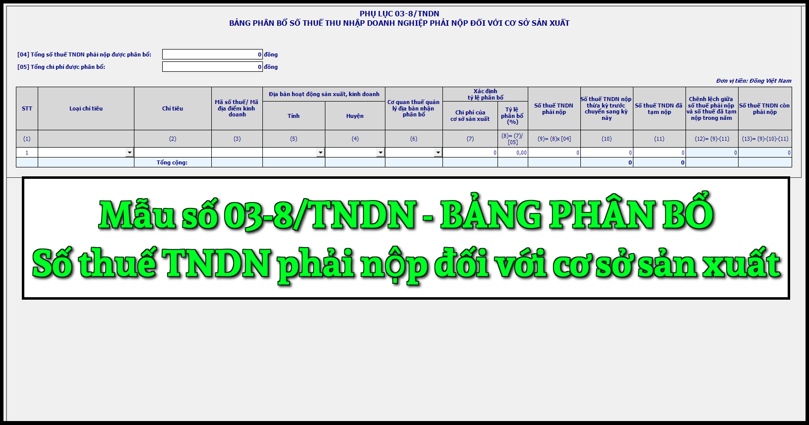Mẫu số 03-8/TNDN Bảng phân bổ số thuế TNDN phải nộp đối với cơ sở sản xuất theo TT 80/2021