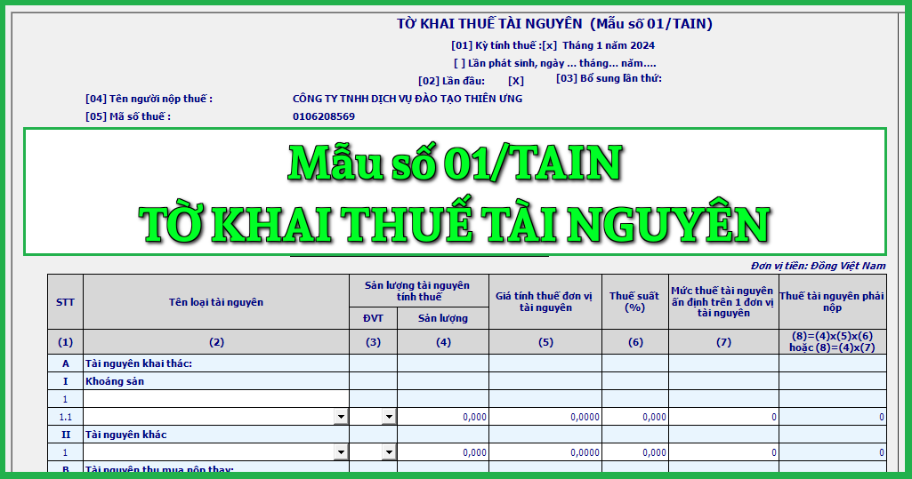 Mẫu số 01/TAIN Tờ khai thuế tài nguyên theo TT 80/2021