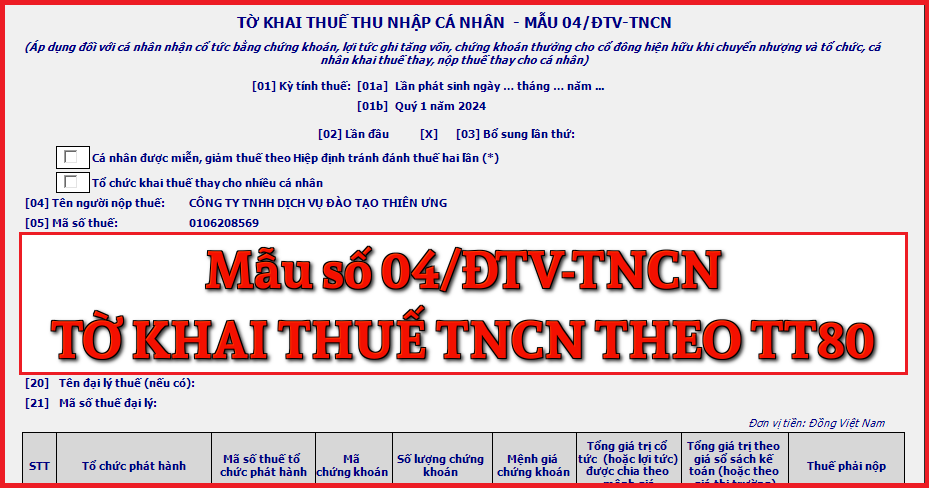 Mẫu Số 04/ĐTV-TNCN Tờ Khai Thuế Thu Nhập Cá Nhân Theo TT 80/2021